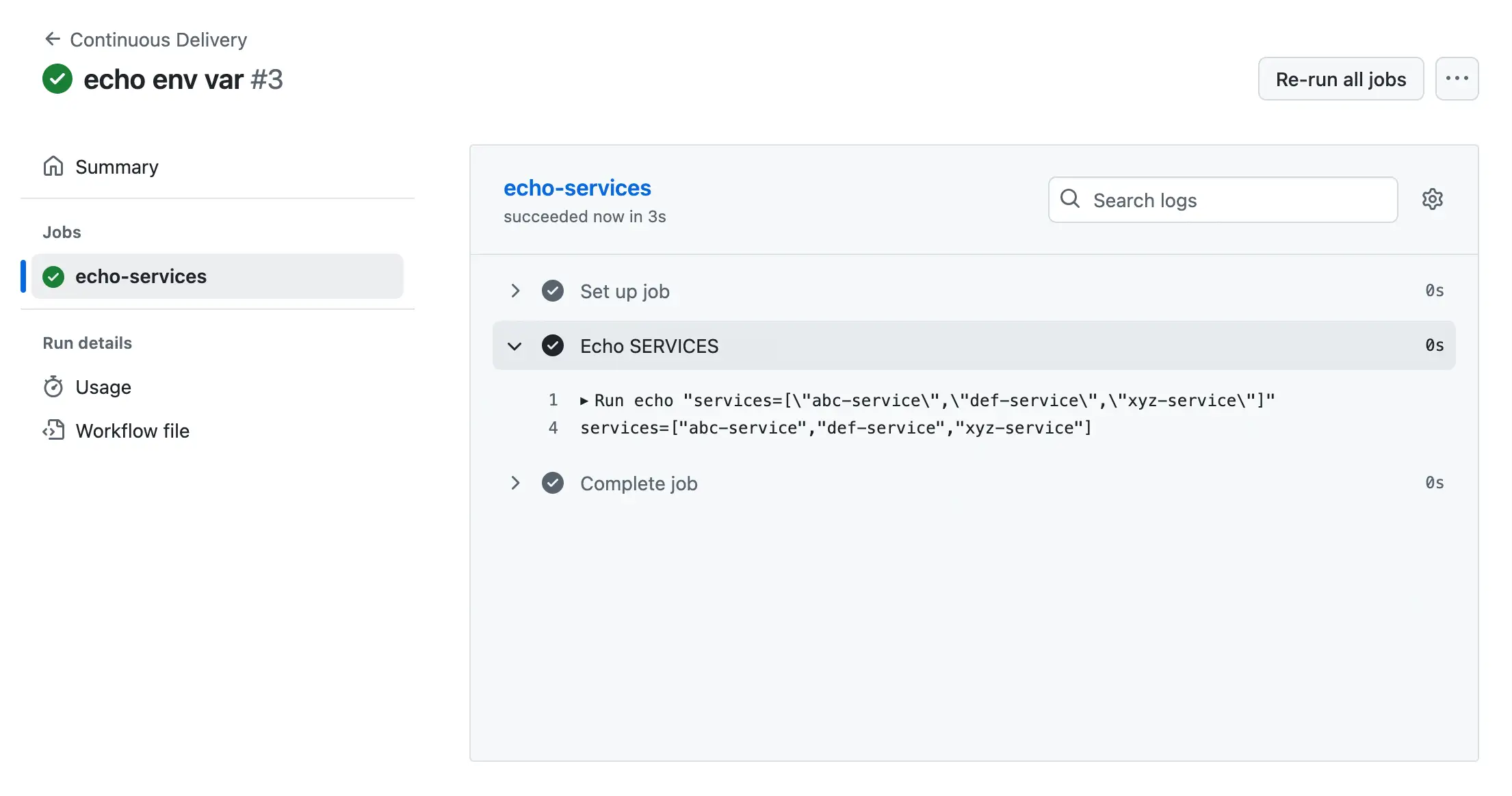 Job retrieves and prints value from env var